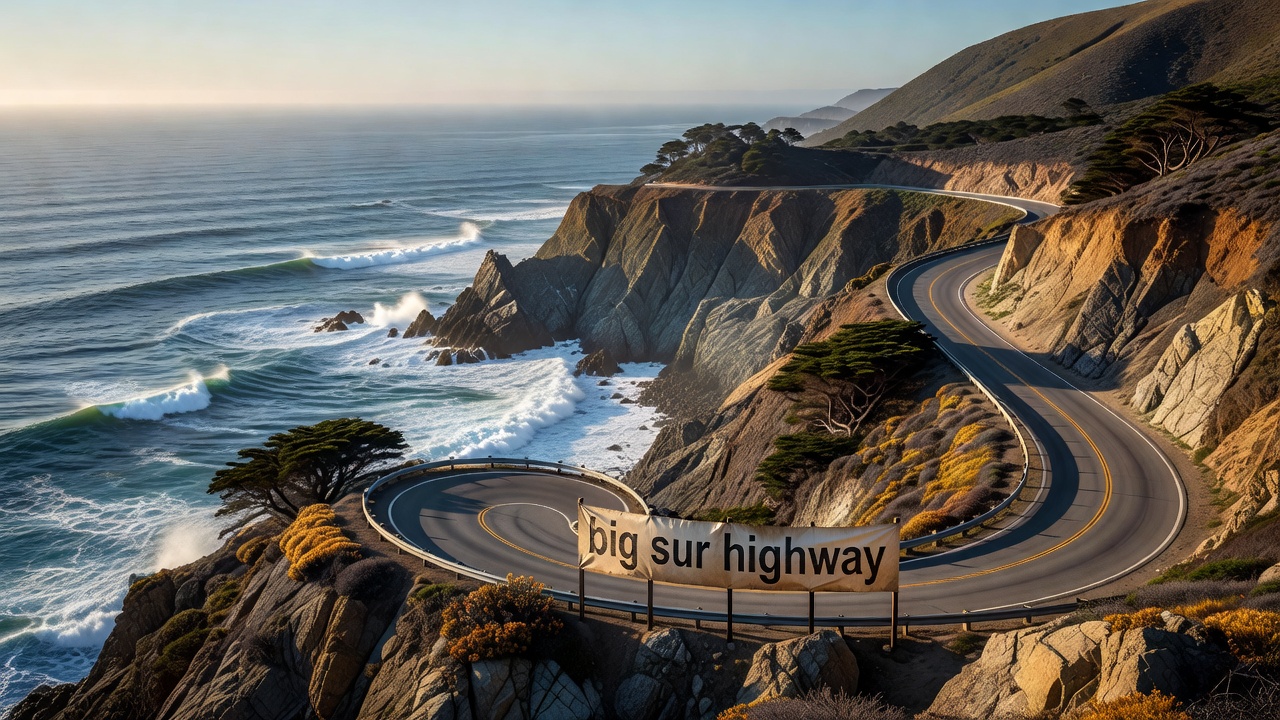 Highway 1 curving along the cliffs of Big Sur above the Pacific Ocean