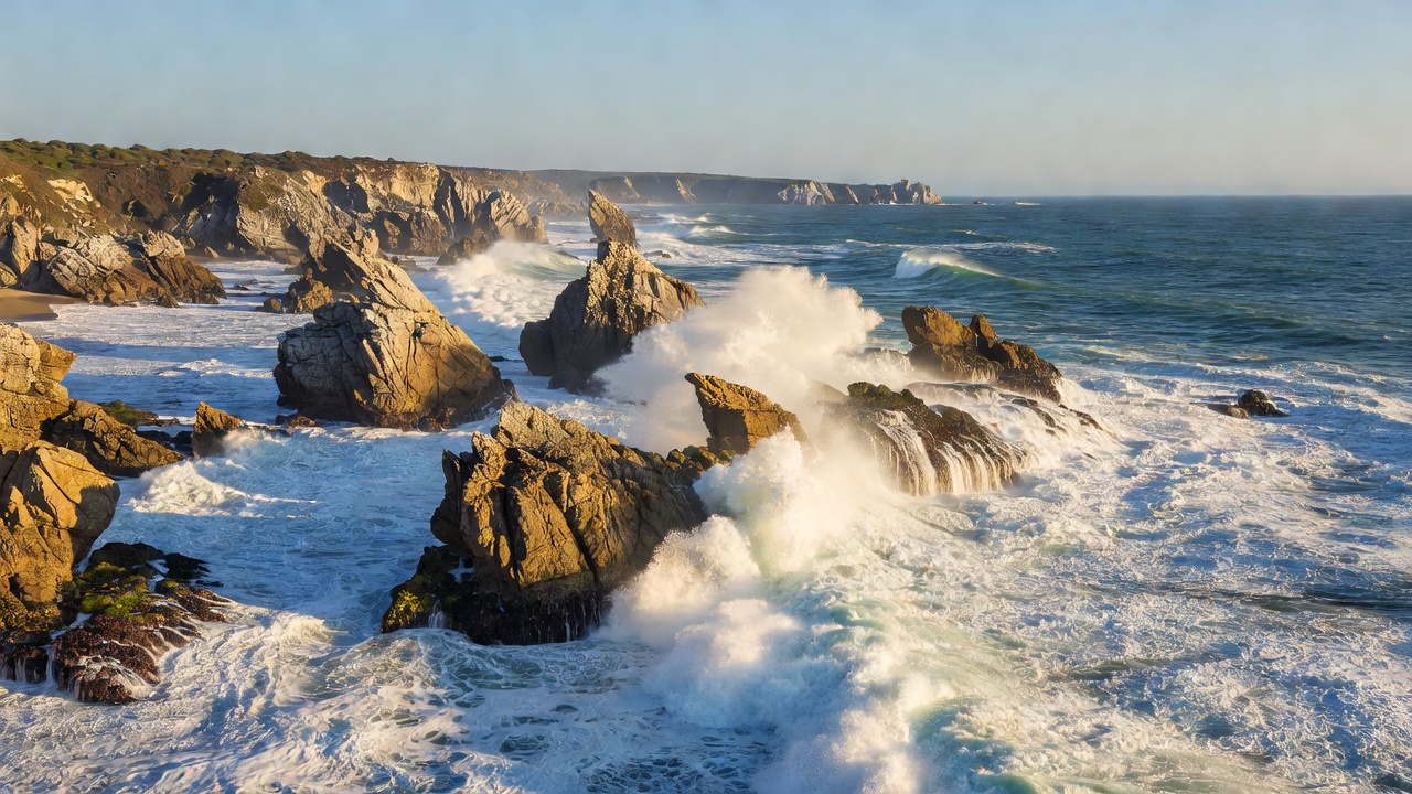 Rocky reef points and whitewater along the Ericeira coastline in Portugal