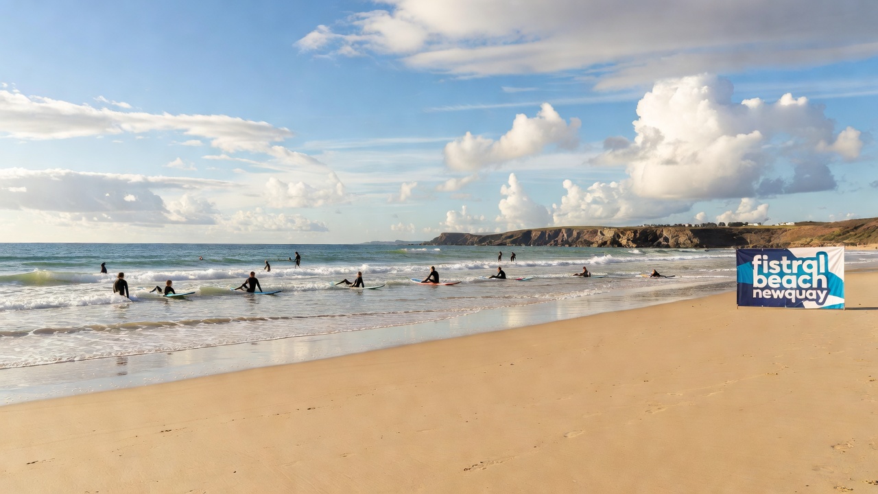 Wide sandy Fistral Beach in Newquay with surfers in the lineup