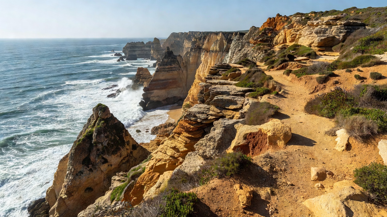 Sandstone cliffs and a narrow footpath above the Atlantic on Portugal's Rota Vicentina
