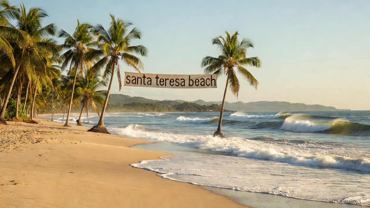Palm-lined beach and peeling waves at Santa Teresa on Costa Rica's Nicoya Peninsula
