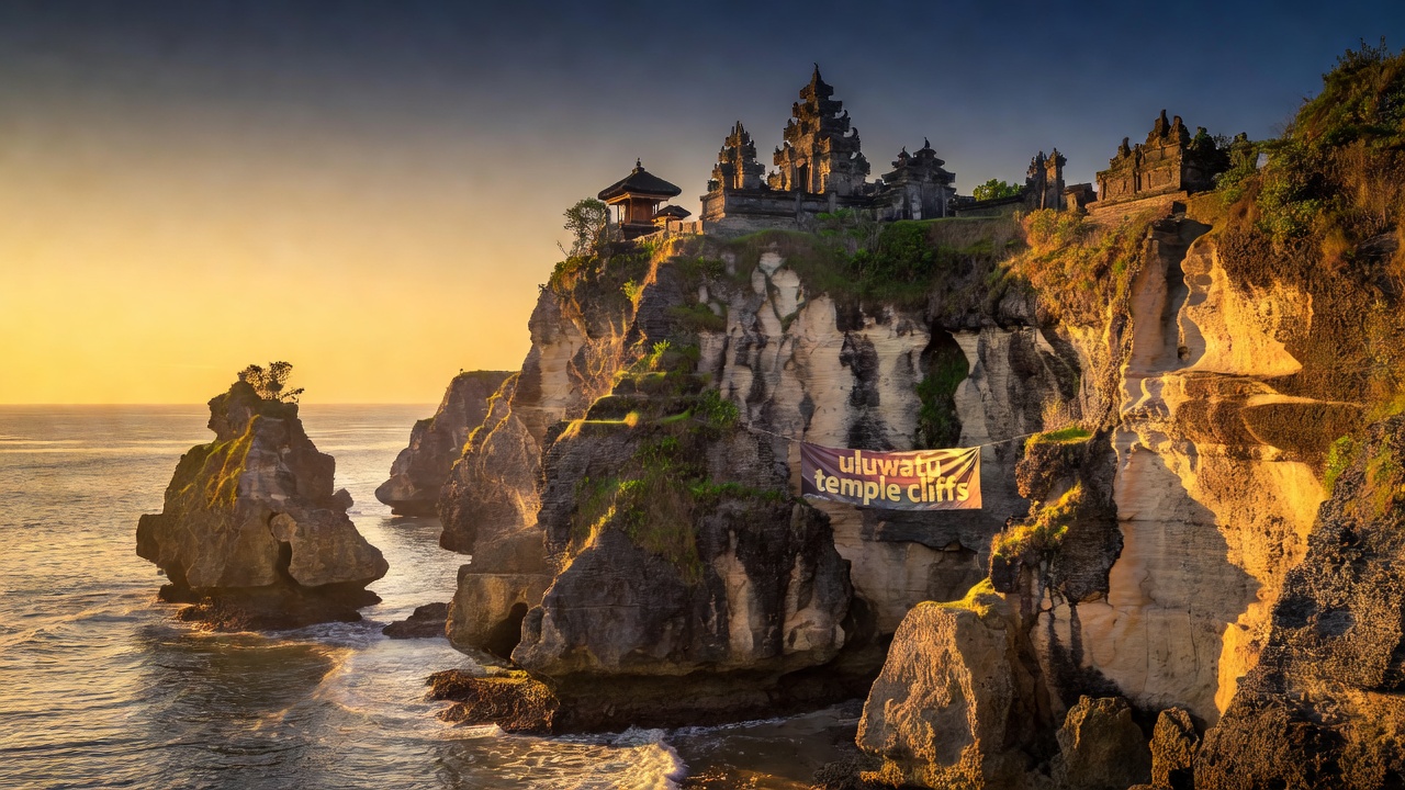 Limestone cliffs below Uluwatu Temple in Bali at golden hour