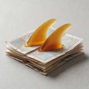 3D render of a folded paper map with two amber surf fins resting on top
