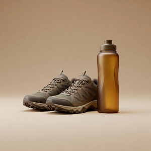 3D render of trail shoes beside an amber water bottle on a warm neutral background