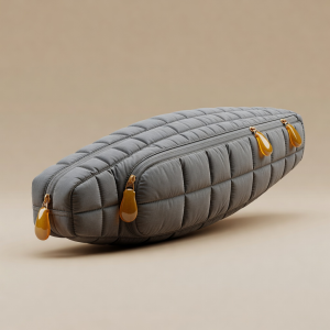 3D render of a padded grey board bag with amber zip pulls on a warm beige background