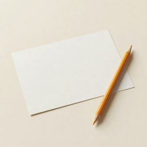 3D render of a blank postcard and an amber pencil on a warm cream surface