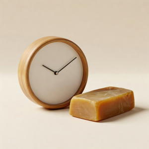 3D render of a round tide clock beside a bar of surf wax on a warm cream backdrop