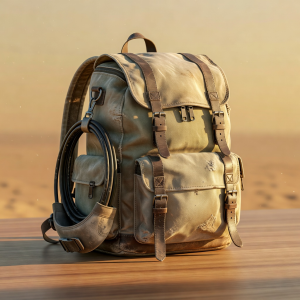 3D render of a worn canvas travel backpack with a surf leash clipped to it on a warm background