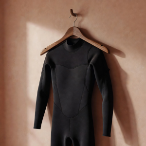 Soft-lit 3D render of a black wetsuit hanging on a wooden hanger against a warm wall